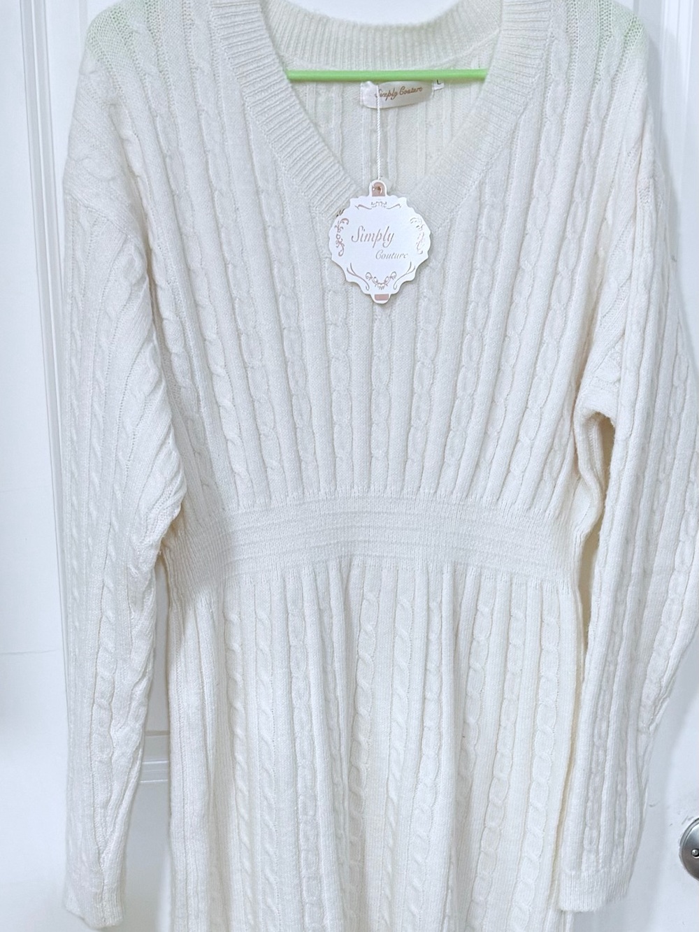 Simply Couture Ivory Cable-Knit V-Neck Long Sleeve Dress